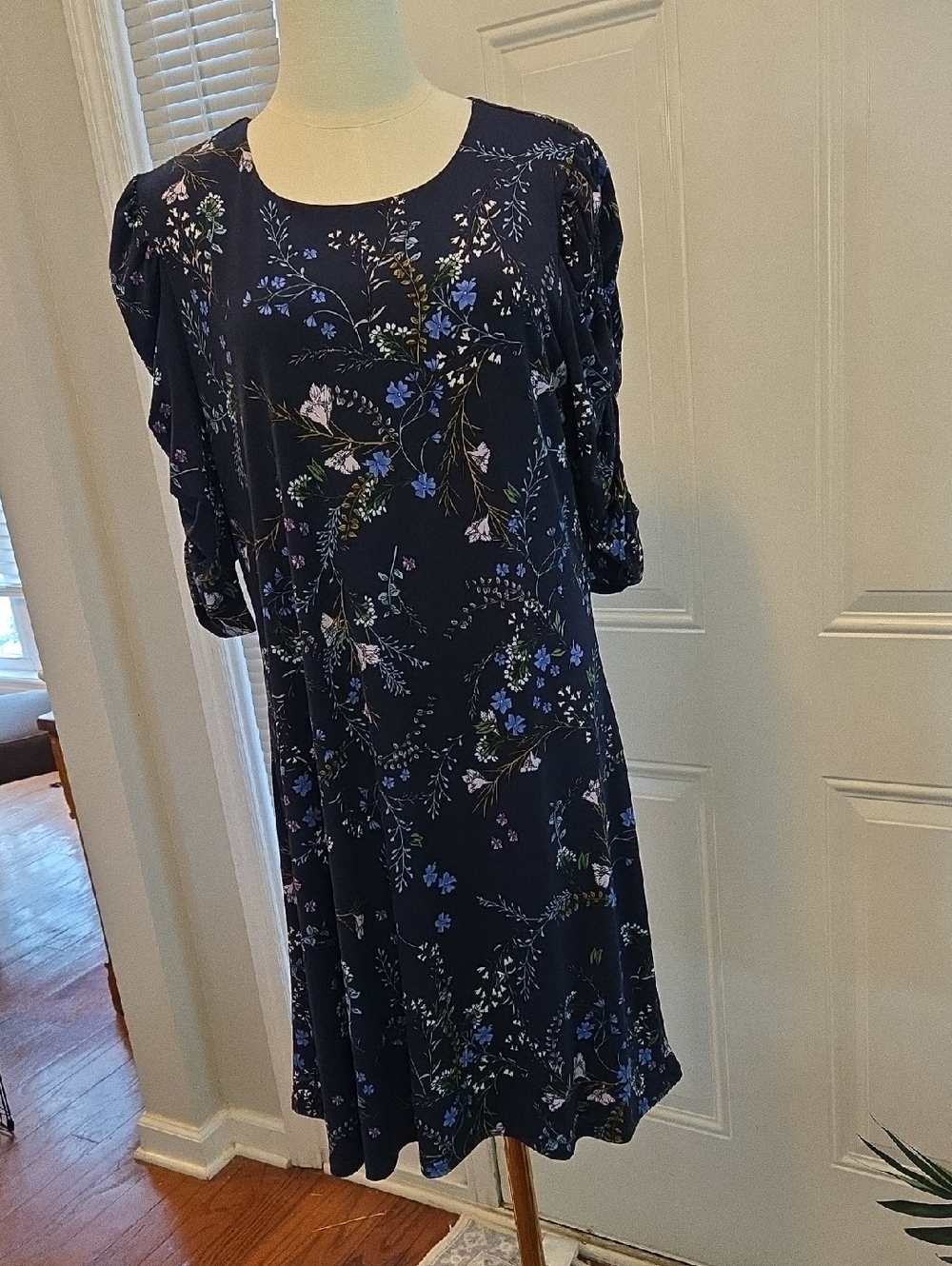 CeCe Navy Floral Midi Dress with Blue and Purple Accents